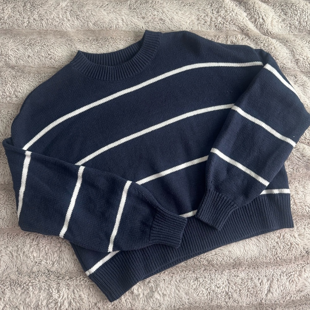 Navy and White Striped Crew Neck Sweater